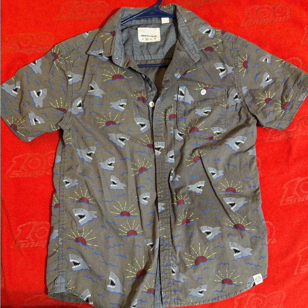 Boys Paper Denim & Cloth Gray Shark Print Casual Shirt size 8
